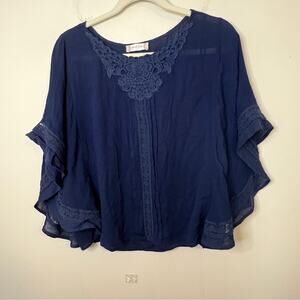 Altar'd State Blue Flutter Sleeve Blouse Sz Small Cape Style Lace Crochet Boho